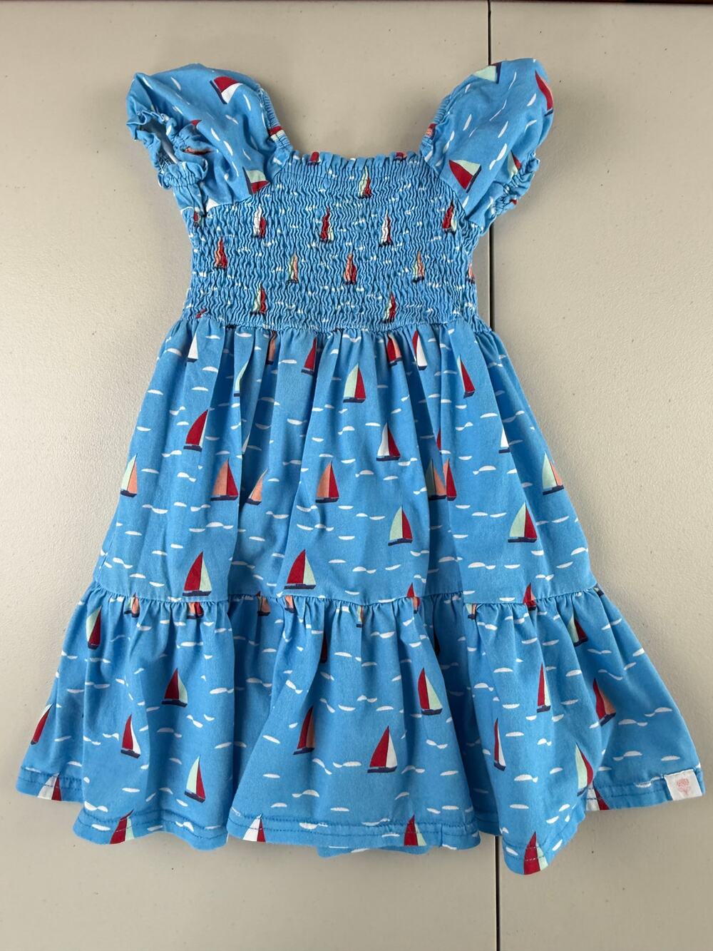 Sweet Honey Blue "Sailboats" Pullover Smocked 6Y Dress 100% Cotton Vacation